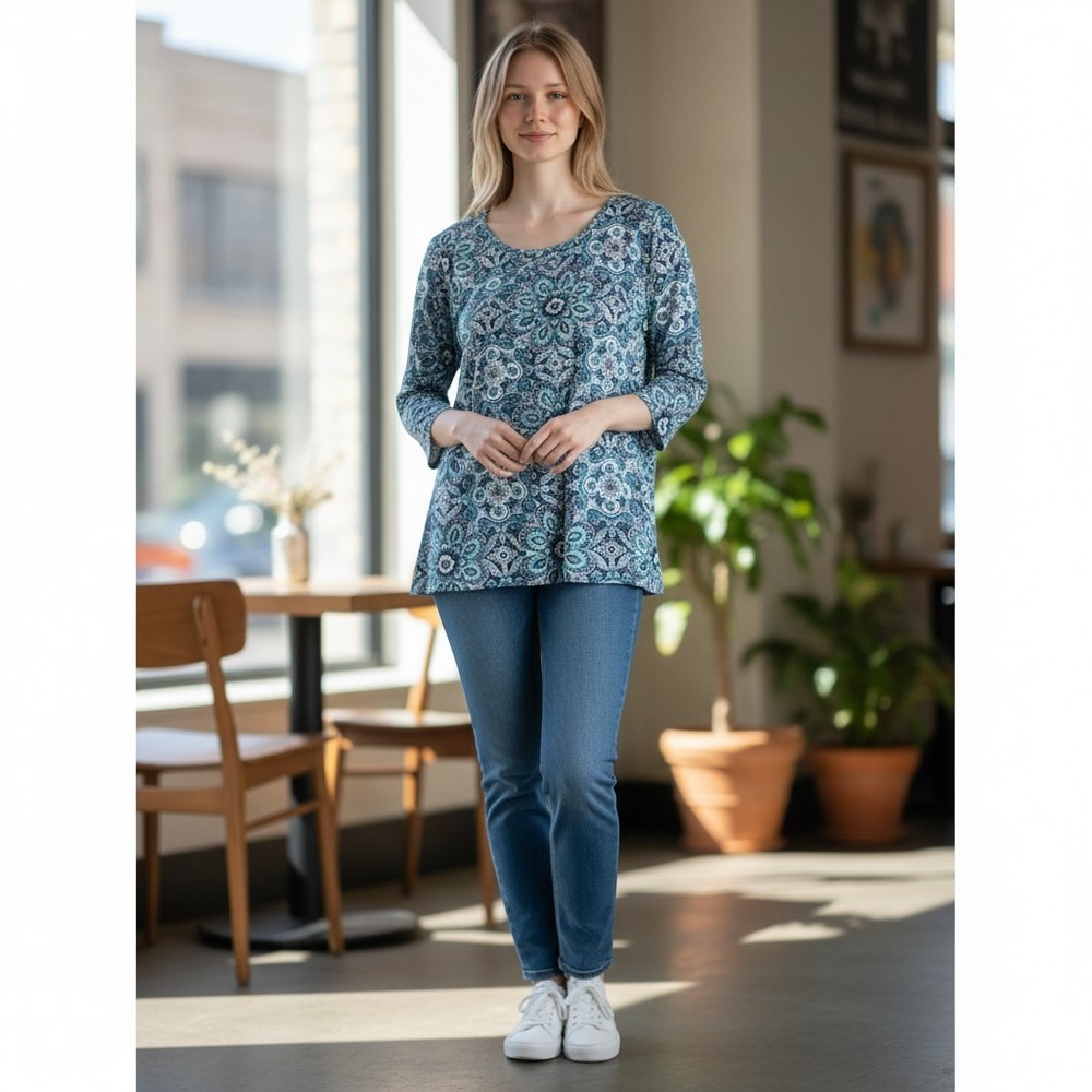 Talbots Plus 2X Blue Green Paisley Medallion Scoop Neck 3/4 Sleeve Knit Top